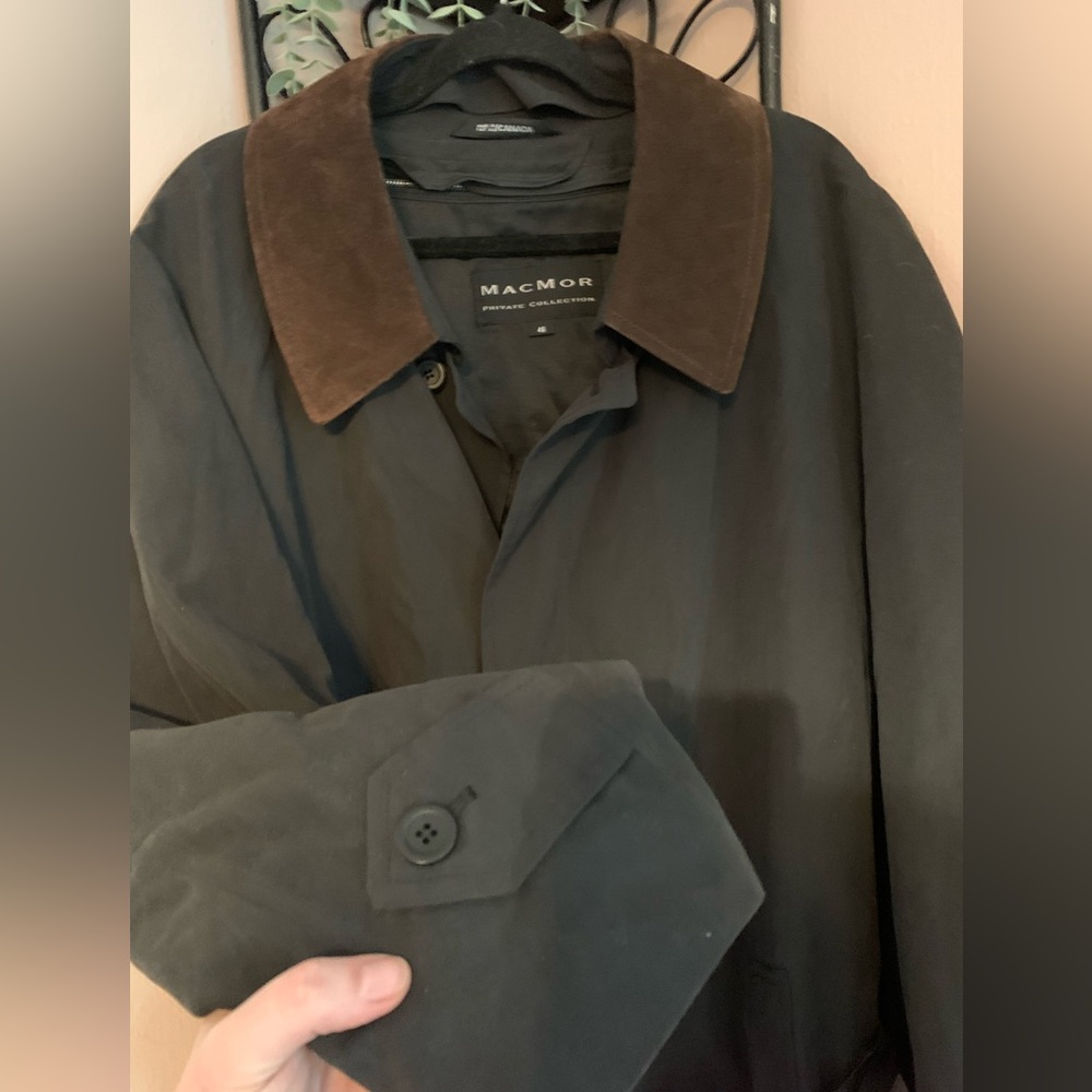 MacMor Black Trench Coat Brown suede Collar spring rain coat warm size 46 - Picture 2 of 8